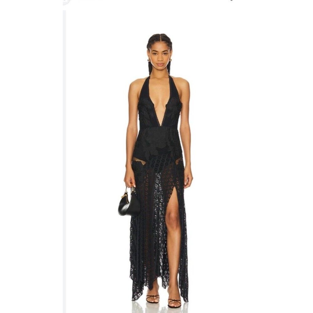 Free People Black Crochet Lace Halter Maxi Dress with Thigh Slit